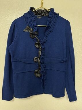 600 West Navy Ruffle-Trim Cardigan with Faux-Leather